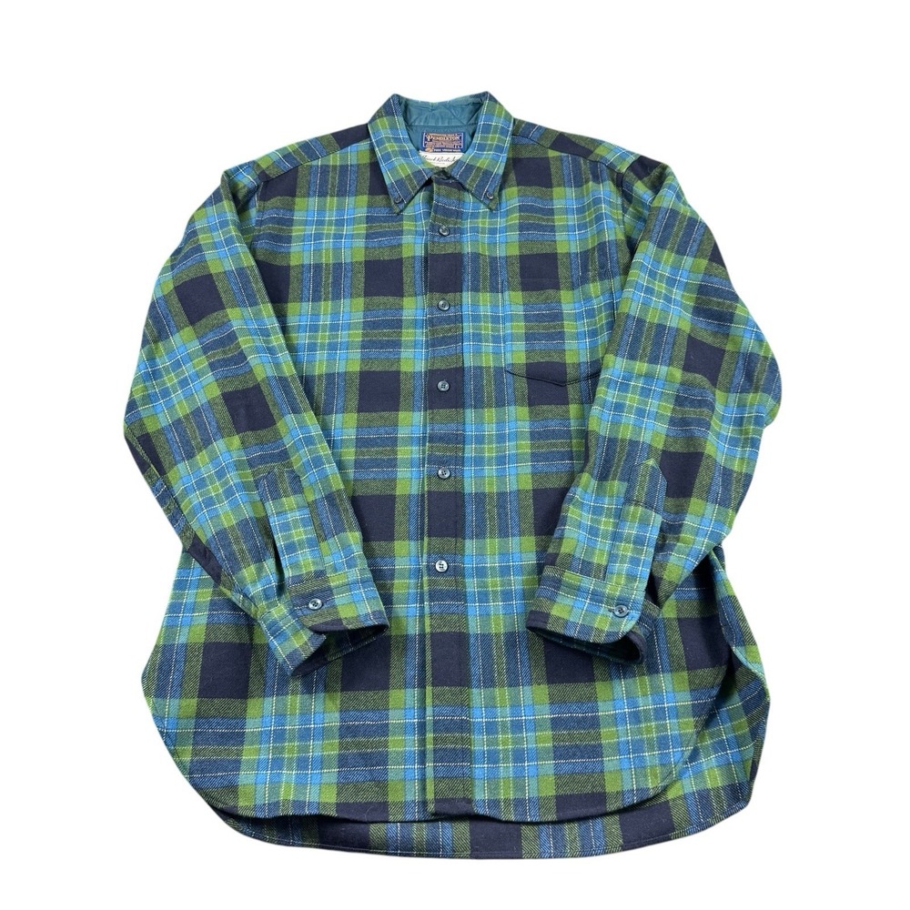 Pendleton VTG 1970s Blue Green Checked Virgin Wool Mens L/S Button Front Size L